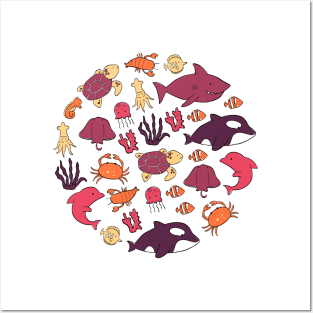 Cute and colorful Pink Sea Animals Drawing Posters and Art